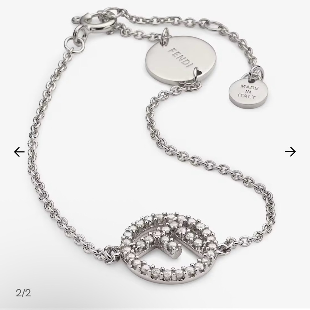 F is Fendi Silver Chain Bracelet with Crystal Logo Medallion